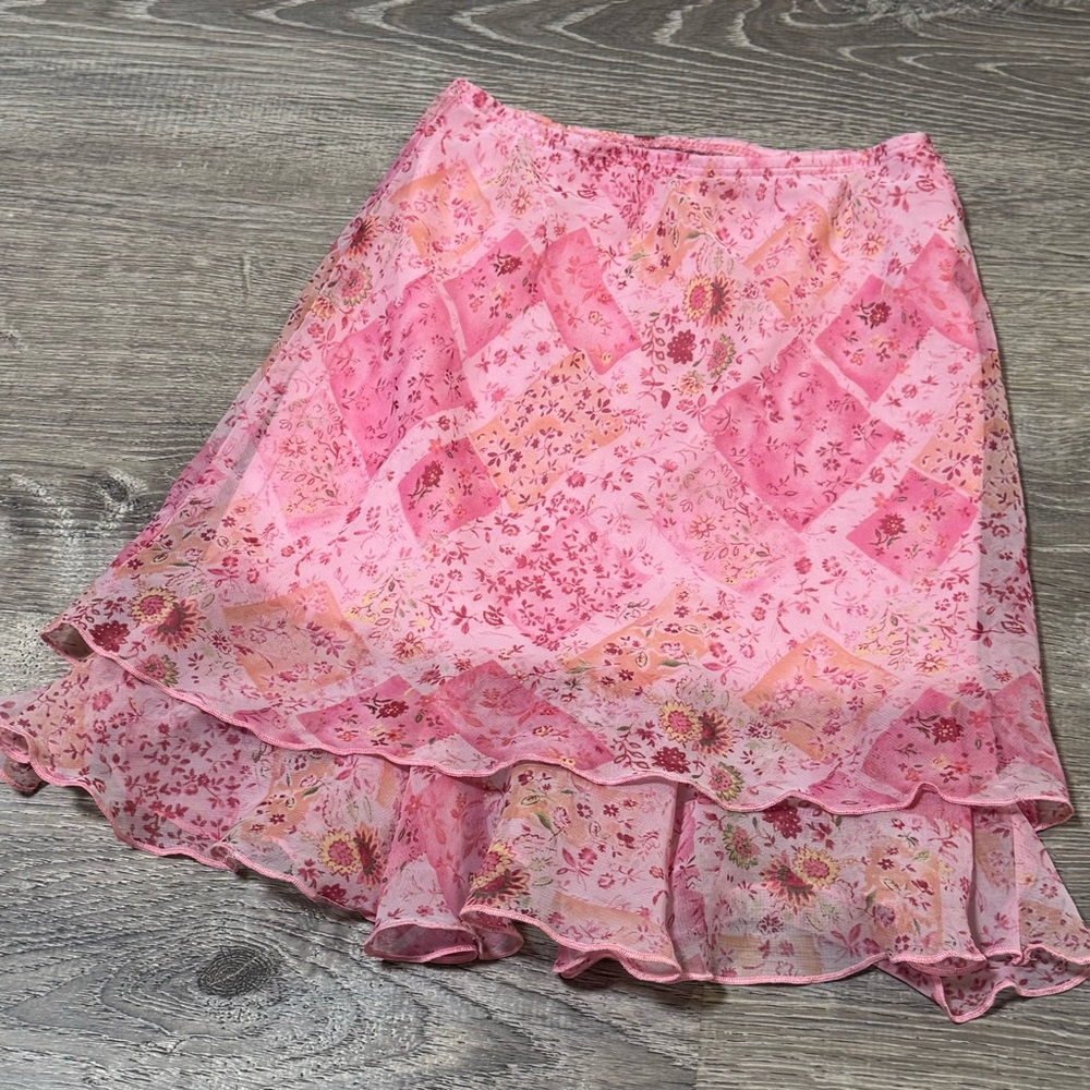 Vintage Y2K Amy Byer Asymmetrical Pink Floral Skirt layered mesh 5 - Picture 2 of 6